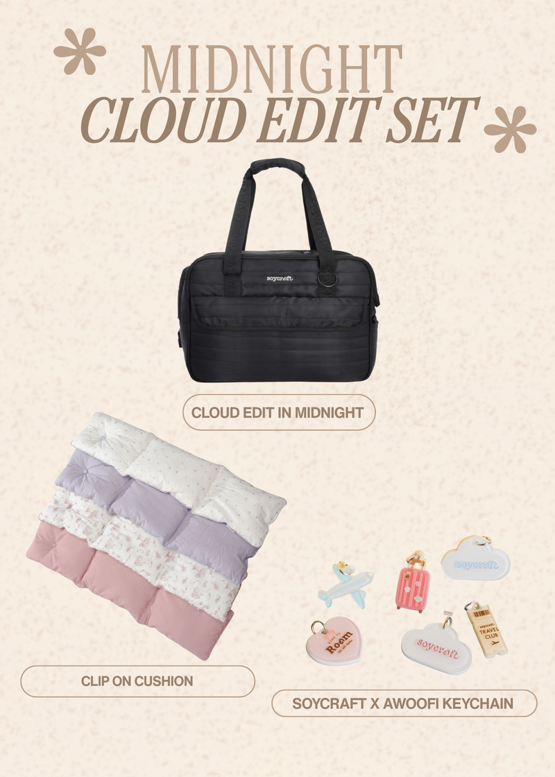Black bag, clip-on cushions, and keychain set with 'Midnight Cloud Edit' text.