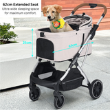 A beige pet stroller with an extended 62cm seat, providing a spacious and comfortable sleeping area for pets, complete with mesh panels and a convenient storage basket.
