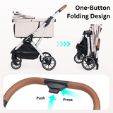 A demonstration of the one-button folding design, with the stroller transitioning from full size to a compact, portable form. Includes a close-up of the push-and-press folding mechanism.