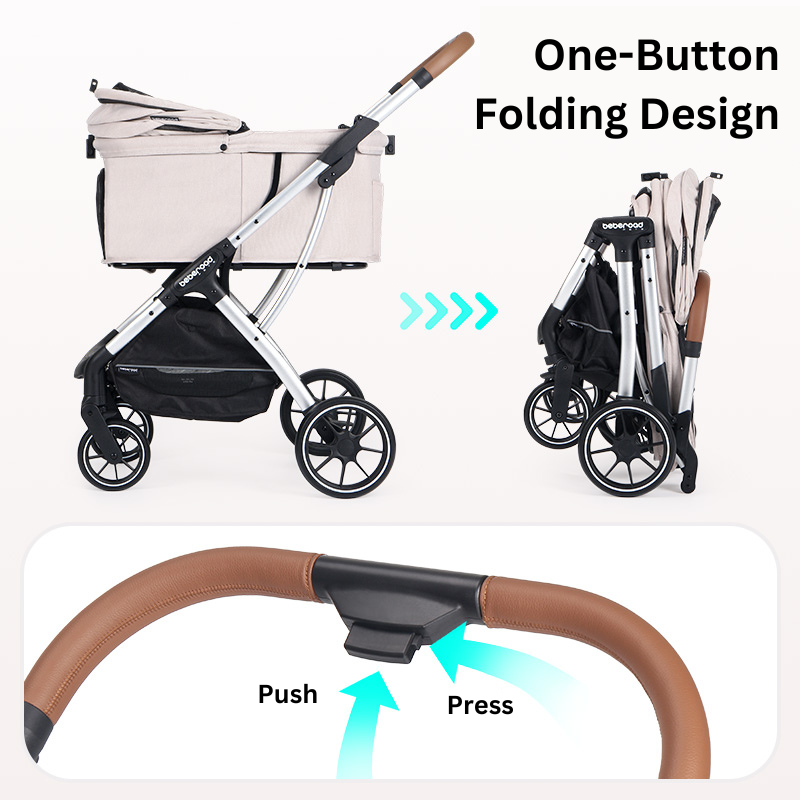 A demonstration of the one-button folding design, with the stroller transitioning from full size to a compact, portable form. Includes a close-up of the push-and-press folding mechanism.