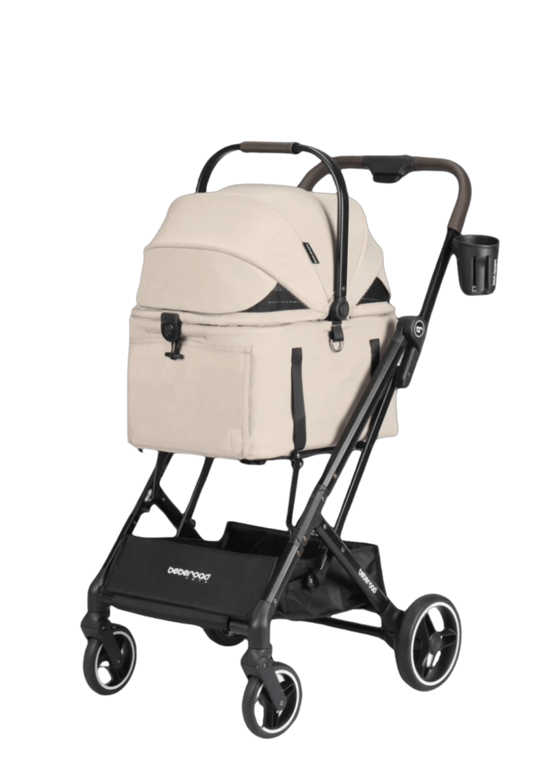 A sophisticated beige pet stroller with a secure enclosed canopy, breathable mesh panels, and a cup holder for added practicality. Perfect for stylish outings with your pet.
