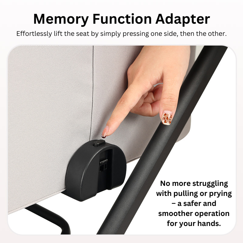A close-up of the memory function adapter on the stroller, allowing effortless lifting of the seat with minimal effort.