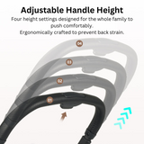 An adjustable handle height chart with four levels, demonstrating ergonomic design for users of varying heights to push comfortably.