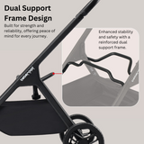 The dual support frame design of the stroller, emphasizing enhanced stability and safety with a durable structure for reliable use.