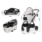 A diagram showing the dimensions of a folded and open stroller, highlighting its compact design and spacious interior for pets.