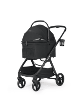 A sleek black pet stroller with a closed canopy design, offering privacy and comfort for pets during walks.