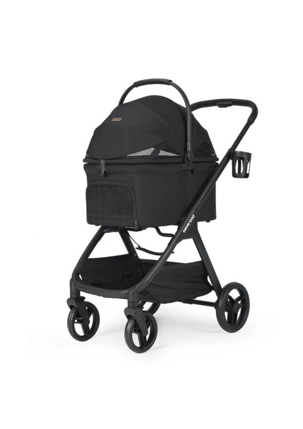 A sleek black pet stroller with a closed canopy design, offering privacy and comfort for pets during walks.