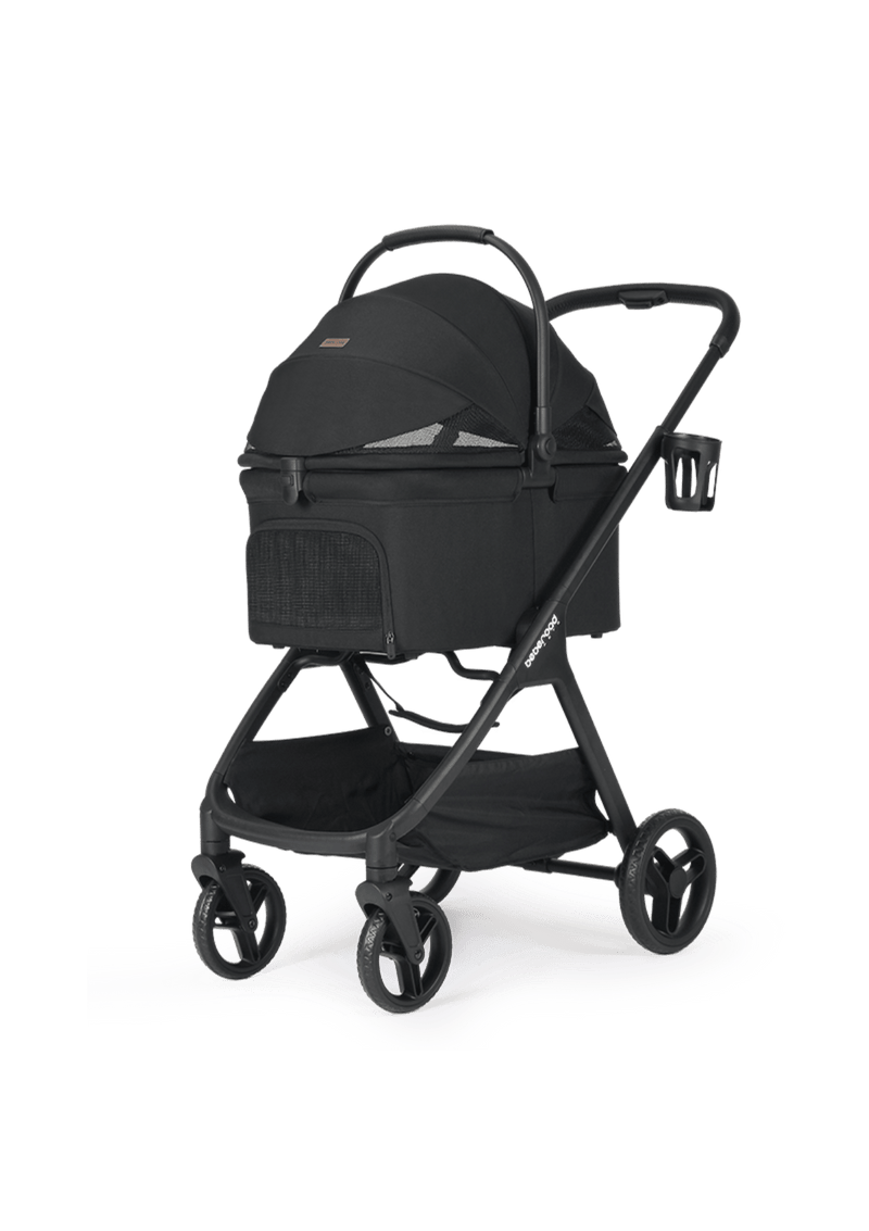 A sleek black pet stroller with a closed canopy design, offering privacy and comfort for pets during walks.