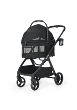 A black pet stroller with a mesh canopy, providing excellent airflow and visibility for the pet while maintaining a stylish look.
