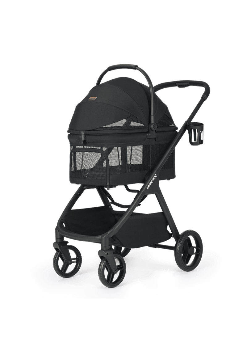 A black pet stroller with a mesh canopy, providing excellent airflow and visibility for the pet while maintaining a stylish look.